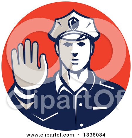 Clipart of a Retro White Male Police Officer Gesturing Stop with His Hand Inside a Red Circle - Royalty Free Vector Illustration by patrimonio