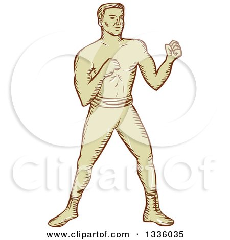 Clipart of a Retro Sketched Male Boxer Ready to Fight - Royalty Free Vector Illustration by patrimonio