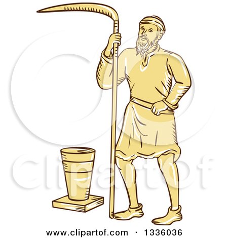 Clipart of a Retro Sketched or Engraved Medieval Male Farmer with a Scythe and Bucket - Royalty Free Vector Illustration by patrimonio