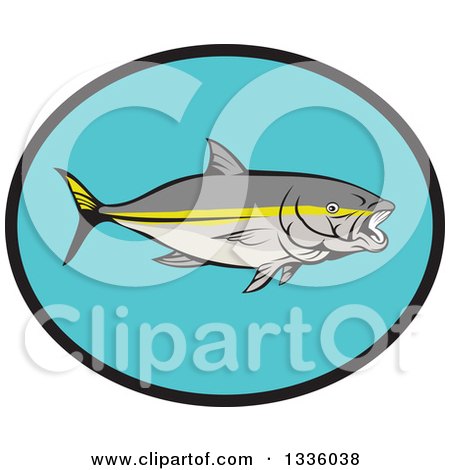 Clipart of a Yellowtail Kingfish in a Black and Blue Oval - Royalty Free Vector Illustration by patrimonio