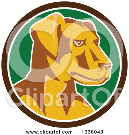 Clipart of a Retro Labrador Retriever Dog Head in a Brown White and Green Circle - Royalty Free Vector Illustration by patrimonio