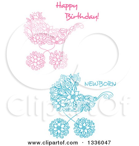 Clipart of Pink and Blue Floral Baby Carriage Stroller Prams with Text - Royalty Free Vector Illustration by Vector Tradition SM