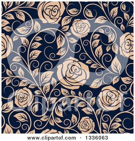 Clipart of a Seamless Pattern of Tan Roses on Navy Blue 4 - Royalty Free Vector Illustration by Vector Tradition SM