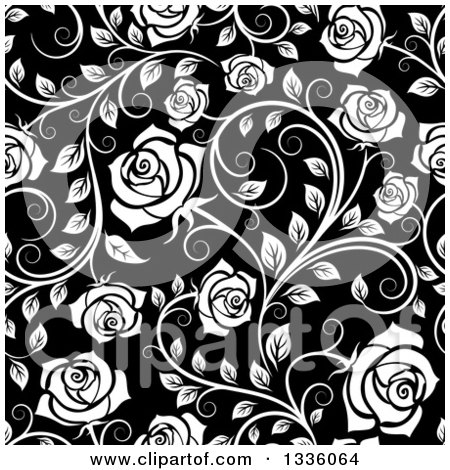 Clipart of a Seamless Background Pattern of White Roses and Leaves over Black 3 - Royalty Free Vector Illustration by Vector Tradition SM
