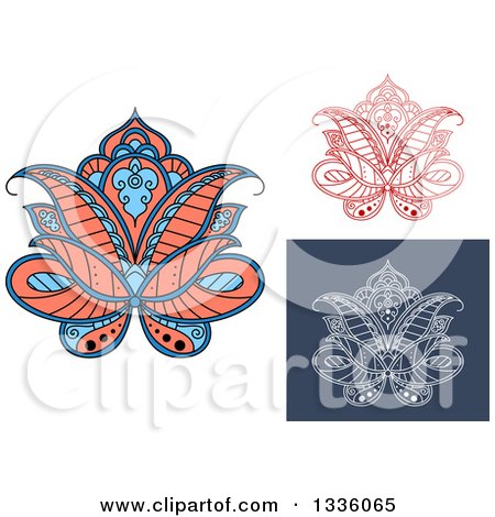 Clipart of Beautiful Salmon Pink, Blue, Red and White Henna Lotus Flowers - Royalty Free Vector Illustration by Vector Tradition SM
