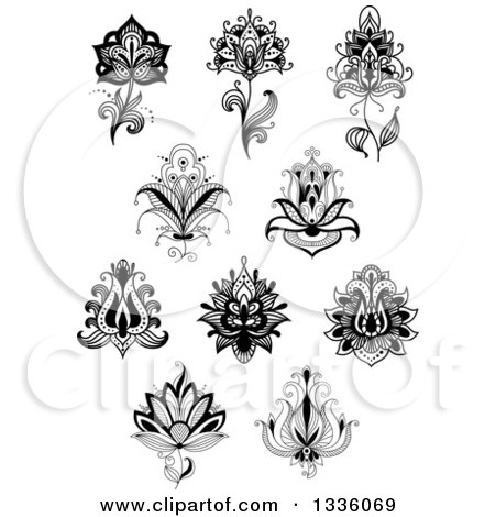 Clipart of Black and White Henna and Lotus Flowers 18 - Royalty Free Vector Illustration by Vector Tradition SM