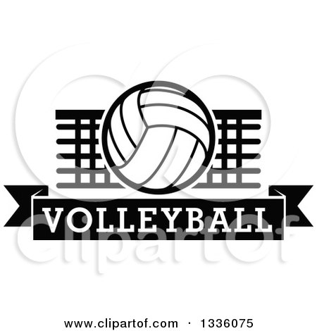 Clipart of a Black and White Volleyball over a Net and Text Banner - Royalty Free Vector Illustration by Vector Tradition SM