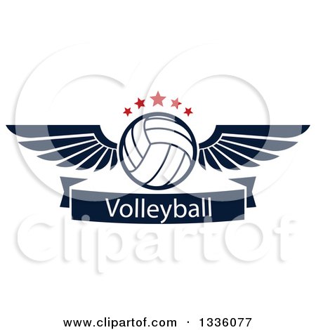 Clipart of a Navy Blue and White Winged Volleyball with Red Stars over a Text Banner - Royalty Free Vector Illustration by Vector Tradition SM