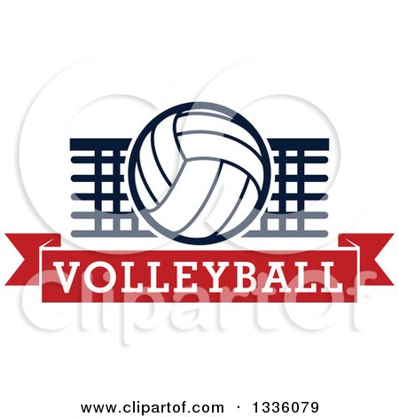 Clipart of a Navy Blue and White Volleyball over a Net and Red Text Banner - Royalty Free Vector Illustration by Vector Tradition SM
