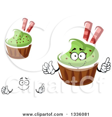 Clipart of a Cartoon Face, Hands and Green Frosted Cupcakes - Royalty Free Vector Illustration by Vector Tradition SM