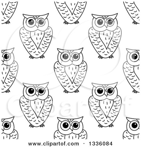 Clipart of a Seamless Background Pattern of Black and White Sketched Owls 3 - Royalty Free Vector Illustration by Vector Tradition SM