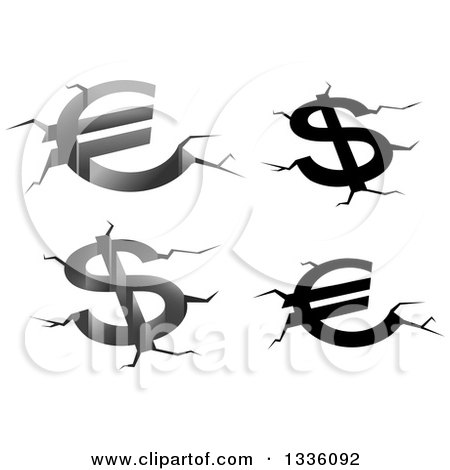 Clipart of Grayscale Euro and Dollar Currency Symbols with Fissures and Cracks - Royalty Free Vector Illustration by Vector Tradition SM