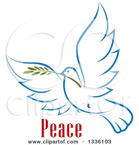 Clipart of a Sketched Light Blue Flying Peace Dove with a Branch and Text 2 - Royalty Free Vector Illustration by Vector Tradition SM