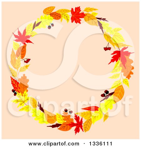 Clipart of a Colorful Autumn Leaf Wreath over Pastel Pink - Royalty Free Vector Illustration by Vector Tradition SM