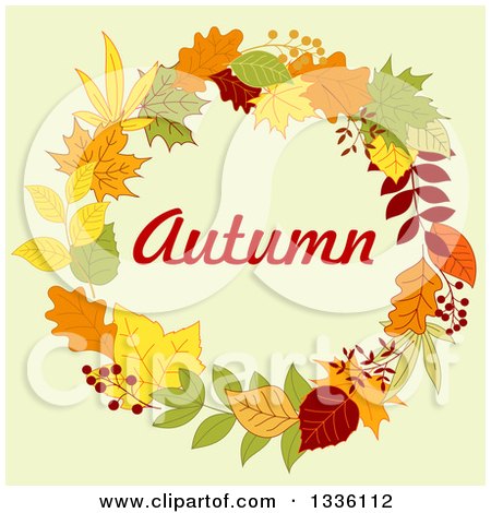 Clipart of a Colorful Autumn Leaf Wreath with Text over Pastel Green - Royalty Free Vector Illustration by Vector Tradition SM
