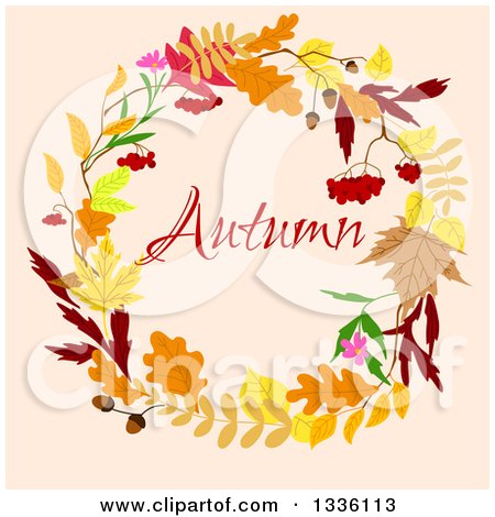 Clipart of a Colorful Autumn Leaf Wreath with Text over Pastel Pink - Royalty Free Vector Illustration by Vector Tradition SM
