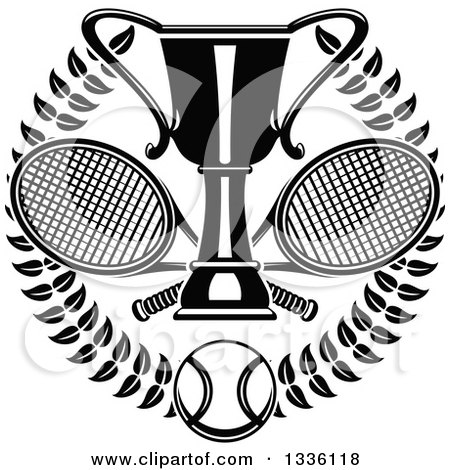 Clipart of a Black and White Wreath with a Tennis Ball, Crossed Rackets and Trophy Cup - Royalty Free Vector Illustration by Vector Tradition SM