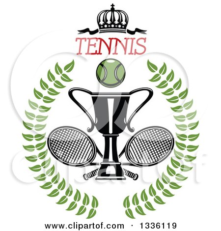 Clipart of a Green Wreath with a Tennis Ball, Crown and Text, Crossed Rackets and Trophy Cup - Royalty Free Vector Illustration by Vector Tradition SM