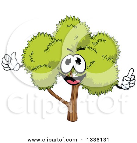 Clipart of a Cartoon Tree Character with a Lush, Green, Mature Canopy, Holding up a Finger and Giving a Thumb up - Royalty Free Vector Illustration by Vector Tradition SM