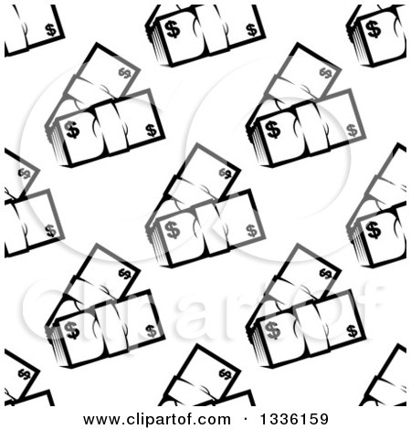 Clipart of a Seamless Pattern Background of Black and White Bundles of Cash Money - Royalty Free Vector Illustration by Vector Tradition SM