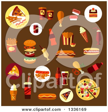 Clipart of Flat Design Fast Foods on Brown - Royalty Free Vector Illustration by Vector Tradition SM