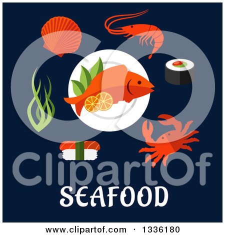 Clipart of Flat Design Seafoods over Text on Navy Blue - Royalty Free Vector Illustration by Vector Tradition SM