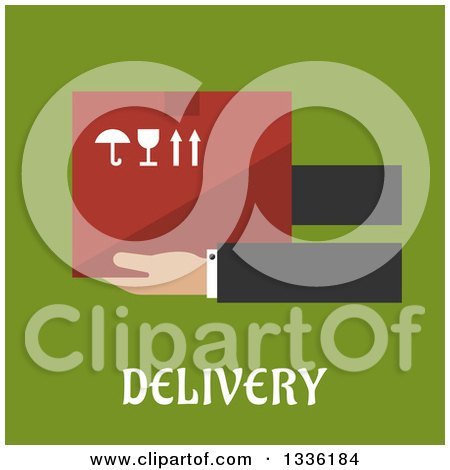 Clipart of Flat Design Hands Holding a Box over Text on Green - Royalty Free Vector Illustration by Vector Tradition SM