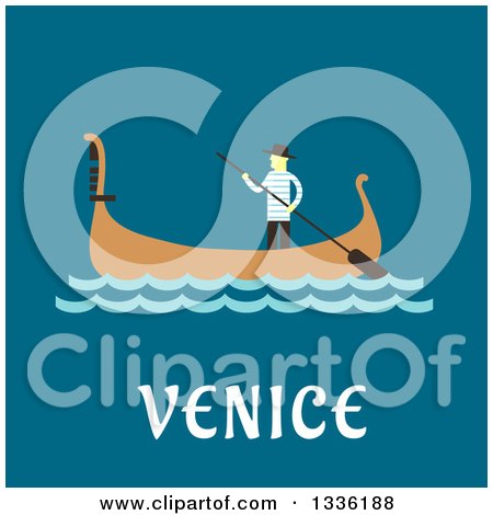 Clipart of a Flat Design Gondolier and Boat over Venice Text on Blue - Royalty Free Vector Illustration by Vector Tradition SM