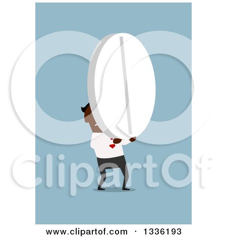 Clipart of a Flat Design Black Businessman Carrying a Giant Pill, on Blue - Royalty Free Vector Illustration by Vector Tradition SM