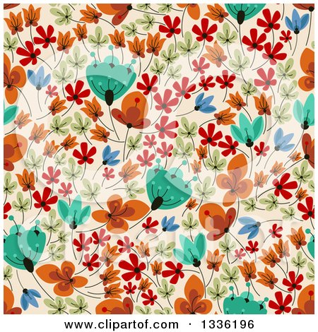 Clipart of a Seamless Background Pattern of Retro Flowers on Tan - Royalty Free Vector Illustration by Vector Tradition SM