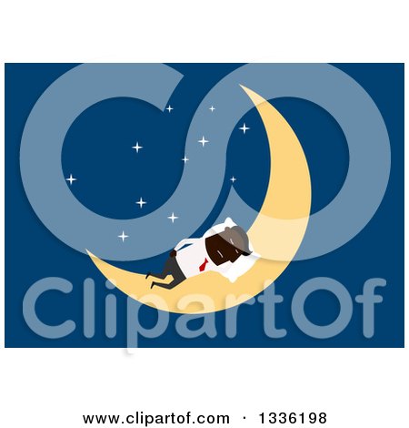 Clipart of a Flat Modern Black Businessman Sleeping on a Crescent Moon, over Blue - Royalty Free Vector Illustration by Vector Tradition SM