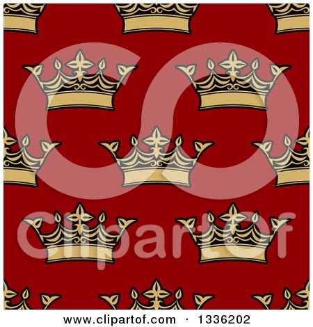 Clipart of a Seamless Pattern Background of Gold Crowns on Red - Royalty Free Vector Illustration by Vector Tradition SM