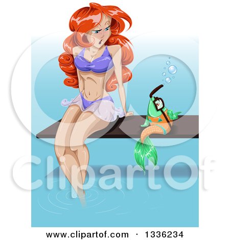 Clipart of a Sexy Red Haired White Pinup Woman Sitting on a Diving Board and Talking to a Fish - Royalty Free Vector Illustration by Liron Peer
