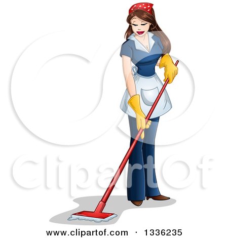 Clipart of a Sexy Brunette Latina Maid Mopping - Royalty Free Vector Illustration by Liron Peer