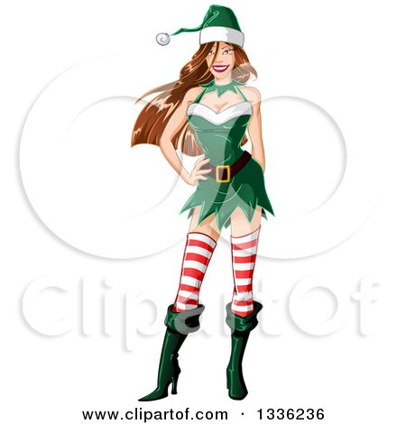 Clipart of a Sexy Brunette White Christmas Elf Pinup Woman - Royalty Free Vector Illustration by Liron Peer
