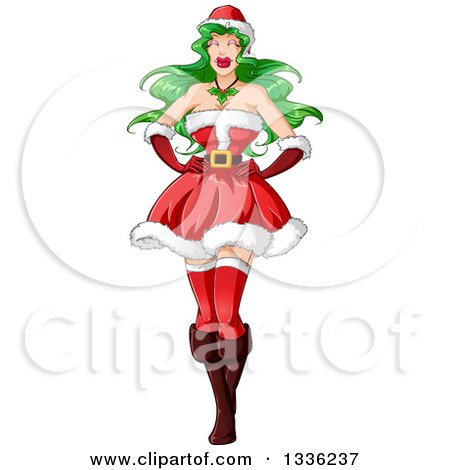 Clipart Of A Sexy Green Haired White Pinup Woman In A Christmas Santa Suit Royalty Free Vector