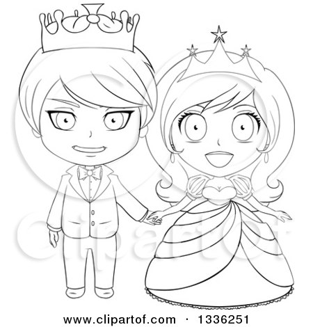Clipart of a Black and White Sketched Princess and Prince Holding Hands - Royalty Free Vector Illustration by Liron Peer