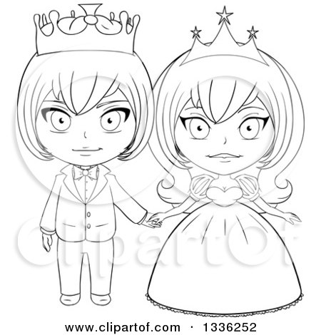 Clipart of a Black and White Sketched Princess and Prince Holding Hands 2 - Royalty Free Vector Illustration by Liron Peer