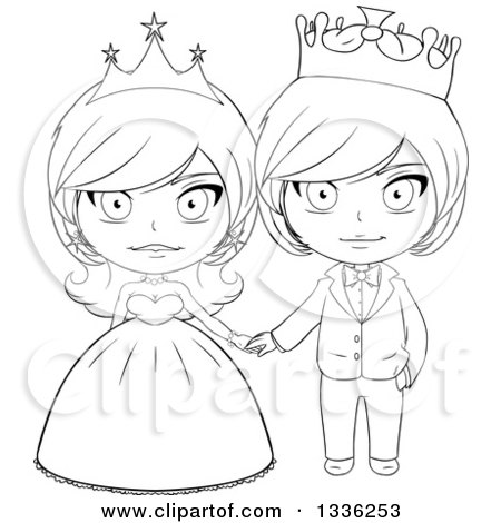 Clipart of a Black and White Sketched Princess and Prince Holding Hands 3 - Royalty Free Vector Illustration by Liron Peer