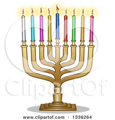 Clipart of a Golden Hanukkah Menorah Lamp with Colorful Candles - Royalty Free Vector Illustration by Liron Peer