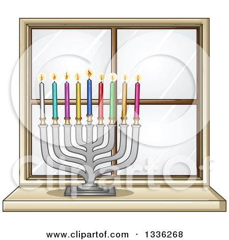 Clipart of a Silver Hanukkah Menorah Lamp with Colorful Candles on the Inside of a Window - Royalty Free Vector Illustration by Liron Peer