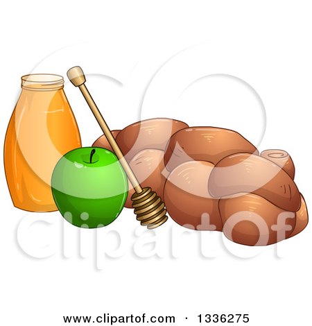 Clipart of a Honey Jar, Dipper, Green Apple and Chala for Rosh Hashanah - Royalty Free Vector Illustration by Liron Peer