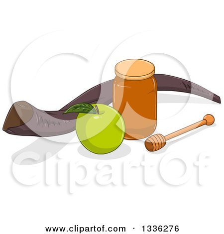 Clipart of a Honey Jar, Dipper, Green Apple and Shofar for Yom Kippur - Royalty Free Vector Illustration by Liron Peer