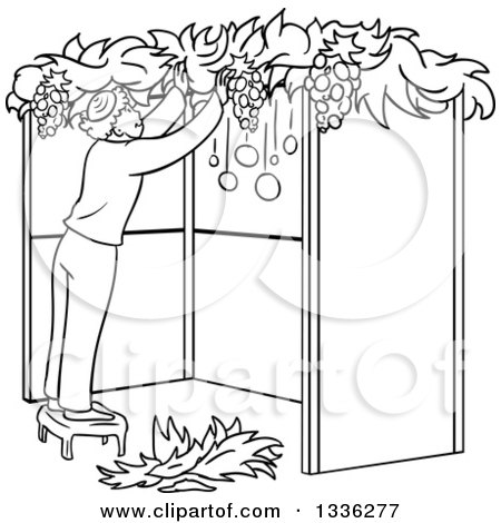 Clipart of a Cartoon Black and White Jewish Man Standing on a Stool and Building a Sukkah for Sukkot - Royalty Free Vector Illustration by Liron Peer