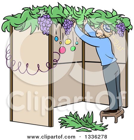 Clipart of a Cartoon Jewish Man Standing on a Stool and Building a Sukkah for Sukkot - Royalty Free Vector Illustration by Liron Peer