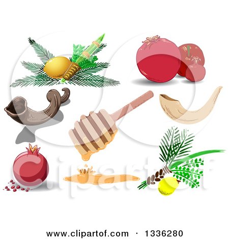 Clipart of Jewish Holiday Items for New Year, Yom Kipur and Sukkot - Royalty Free Vector Illustration by Liron Peer