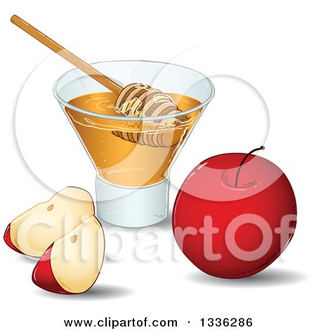 Clipart of a Red Apple and Slices with a Cup of Honey and a Dipper - Royalty Free Vector Illustration by Liron Peer