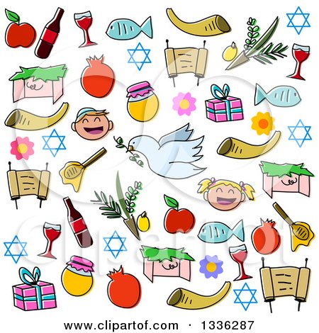 Clipart of Sketched Jewish Rosh Hashanah Items - Royalty Free Vector Illustration by Liron Peer