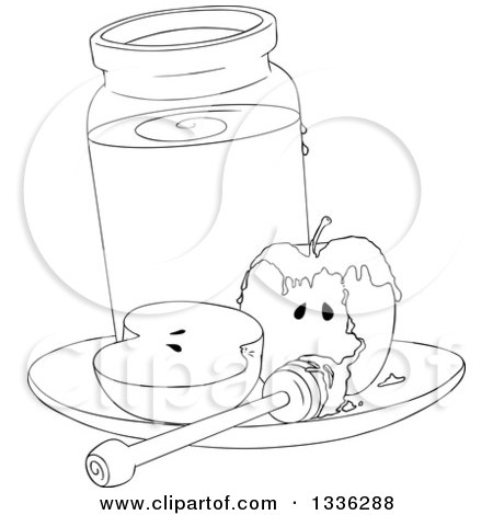 Clipart of a Halved Black and White Apple with a Jar of Honey and a Dipper - Royalty Free Vector Illustration by Liron Peer
