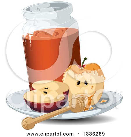 Clipart of a Halved Red Apple with a Jar of Honey and a Dipper - Royalty Free Vector Illustration by Liron Peer